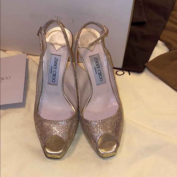 Jimmy Choo Gold Glitter Open toe sling back heels - Picture 2 of 6